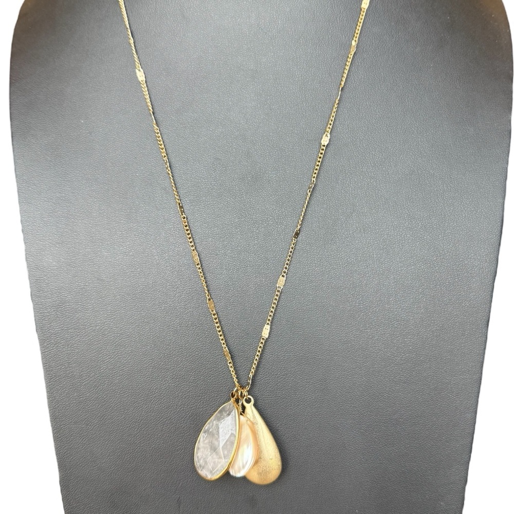 Faceted Gray Gemstone Teardrop Pendant Necklace Adjustable Length Gold Tone